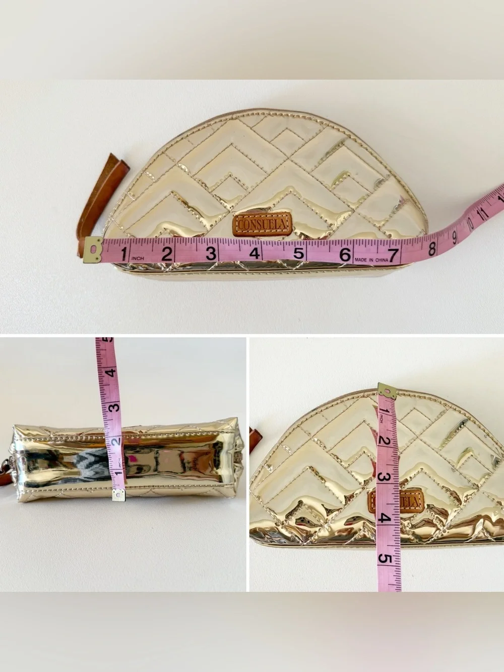 Consuela Bag Evadney Metallic Gold Quilted Cosmetic Make Up Case Chevron Travel